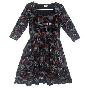 Mata Traders Organic Cotton Fit and Flare Dress Sz M Black Geometric Ethical